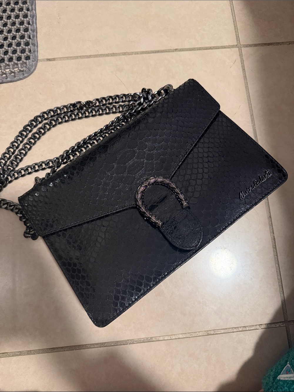 Marco Lauri Black Snake-Embossed Chain Crossbody Bag